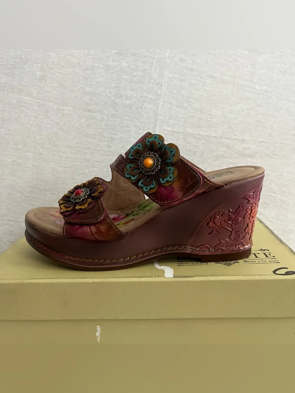L'Artiste Spring Step Bleeker Floral Embellished Tooled Leather Wedge Sandals